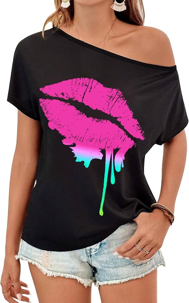 80s Outfit for Women Party Costumes Size for Women Clothes Novelty Neon 80s Off Shoulder T-Shirt ... | Amazon (US)
