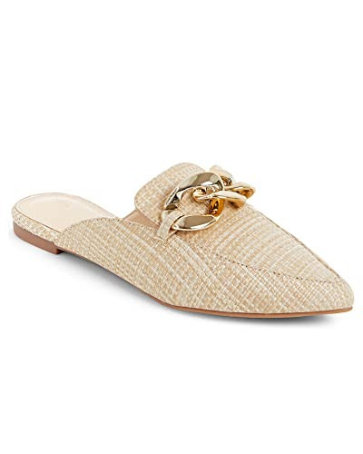 Juliet Holy Womens Mules Flats Pointed Toe Backless Loafers Slip on Metal Chain Slides Beige Yellow | Amazon (US)