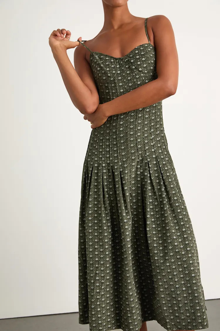 Joanna Olive Green Floral Corduroy Drop Waist Midi Dress | Lulus