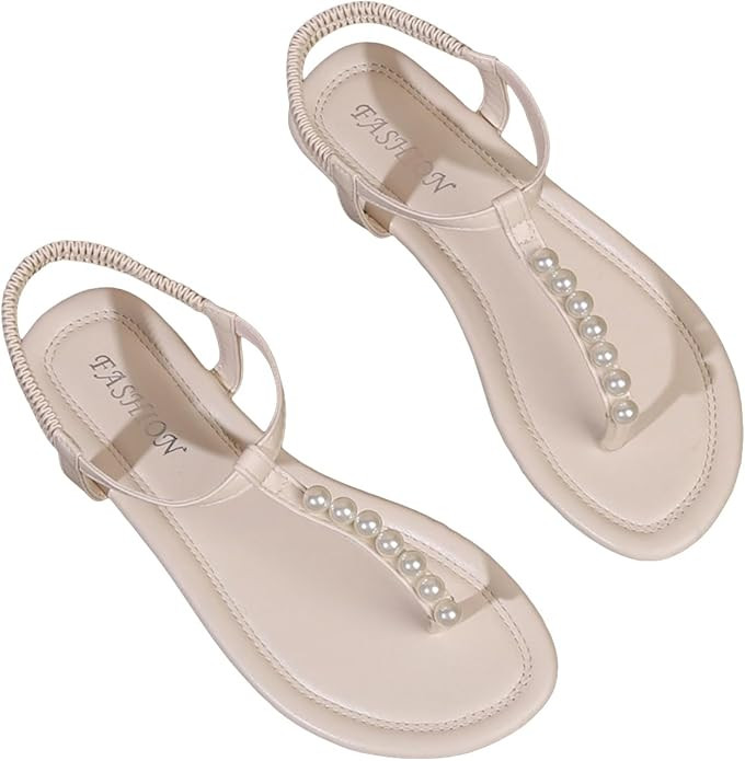 SweatyRocks Women's Pearl T Strap Thong Sandals Open Toe Outdoor Flats Sandals with Ankle Strap | Amazon (US)