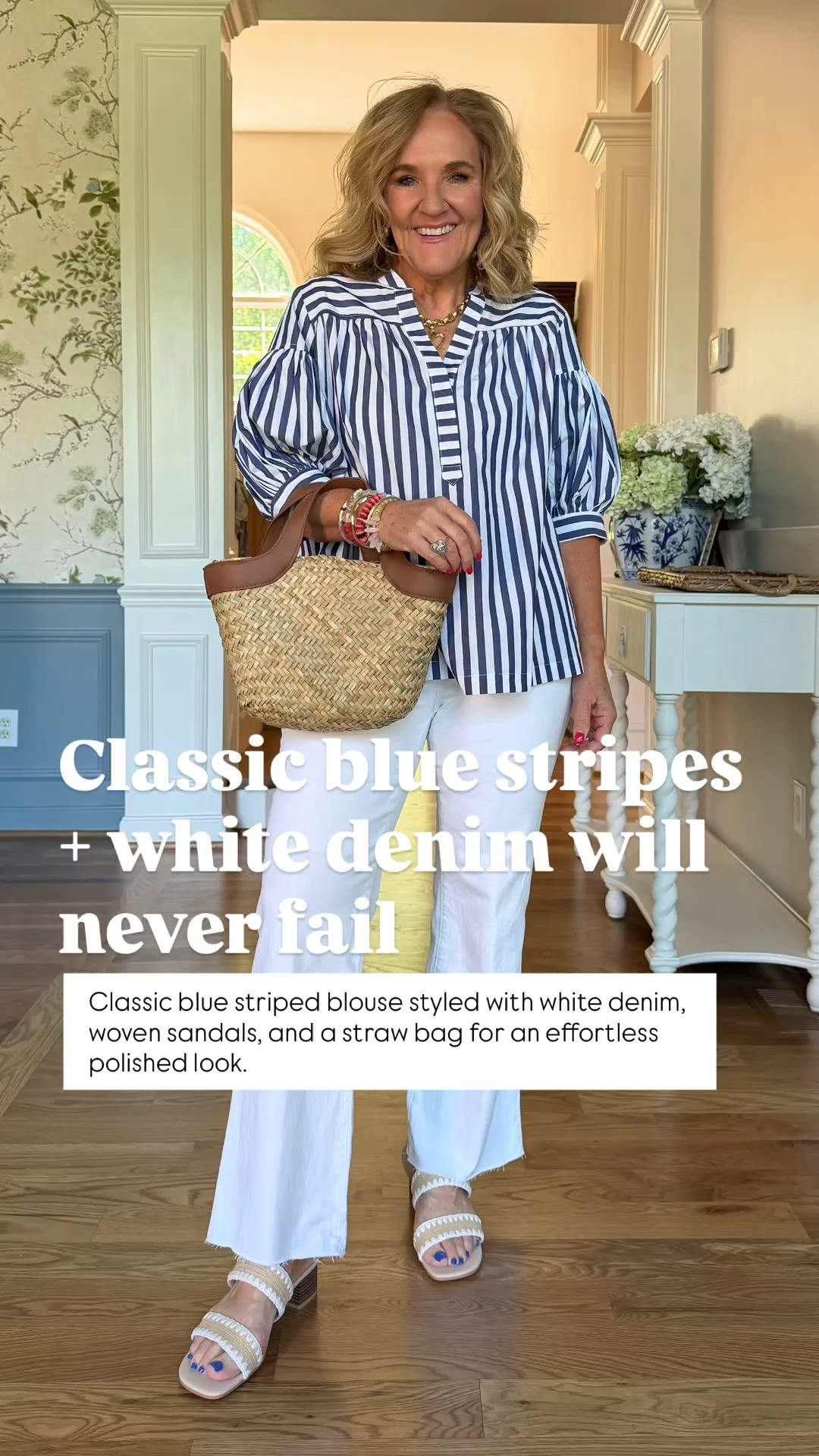 Classic blue stripes + white denim will never fail 🫶🏻

Love how the puff sleeves elevate this blouse while still keeping the outfit relaxed and easy to wear.
Bracelet stack restocked use code NANETTE20 20% off

#LTKootd #LTKOver40 #LTKSaleAlert