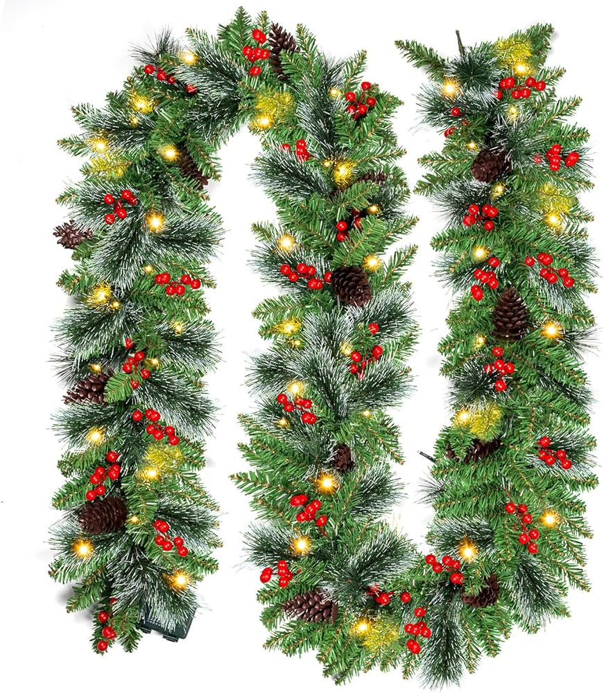 9ft Christmas Garland with Snow, Pinecones, Red Berry,50 Battery Operated Soft White LED Lights w... | Amazon (US)