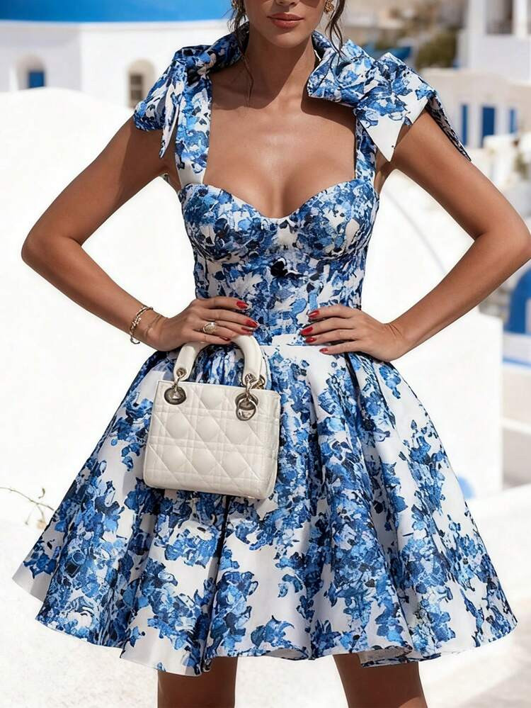 Women's Sexy Low Cut Vacation Style Fitted Floral Print Tie Waist A-Line Skirt Mini Backless Slim... | SHEIN
