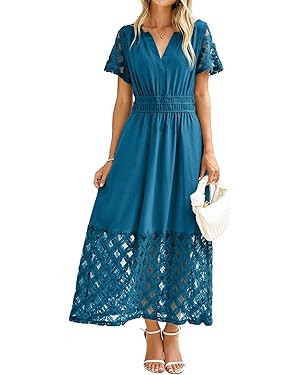 Simplee Womens Summer Maxi Dress 2026 V Neck Empire Waist Long Flowy Boho Dresses with Pockets | Amazon (US)