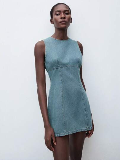 Maija Women's Blue Denim Sleeveless Fitted Mini Dress | SHEIN