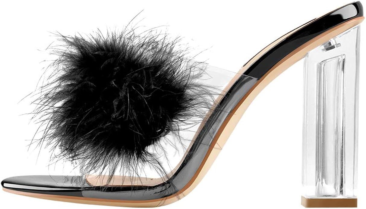 Yolkomo Women's Fluffy Feather Clear Chunky Heel Sandals | Amazon (US)