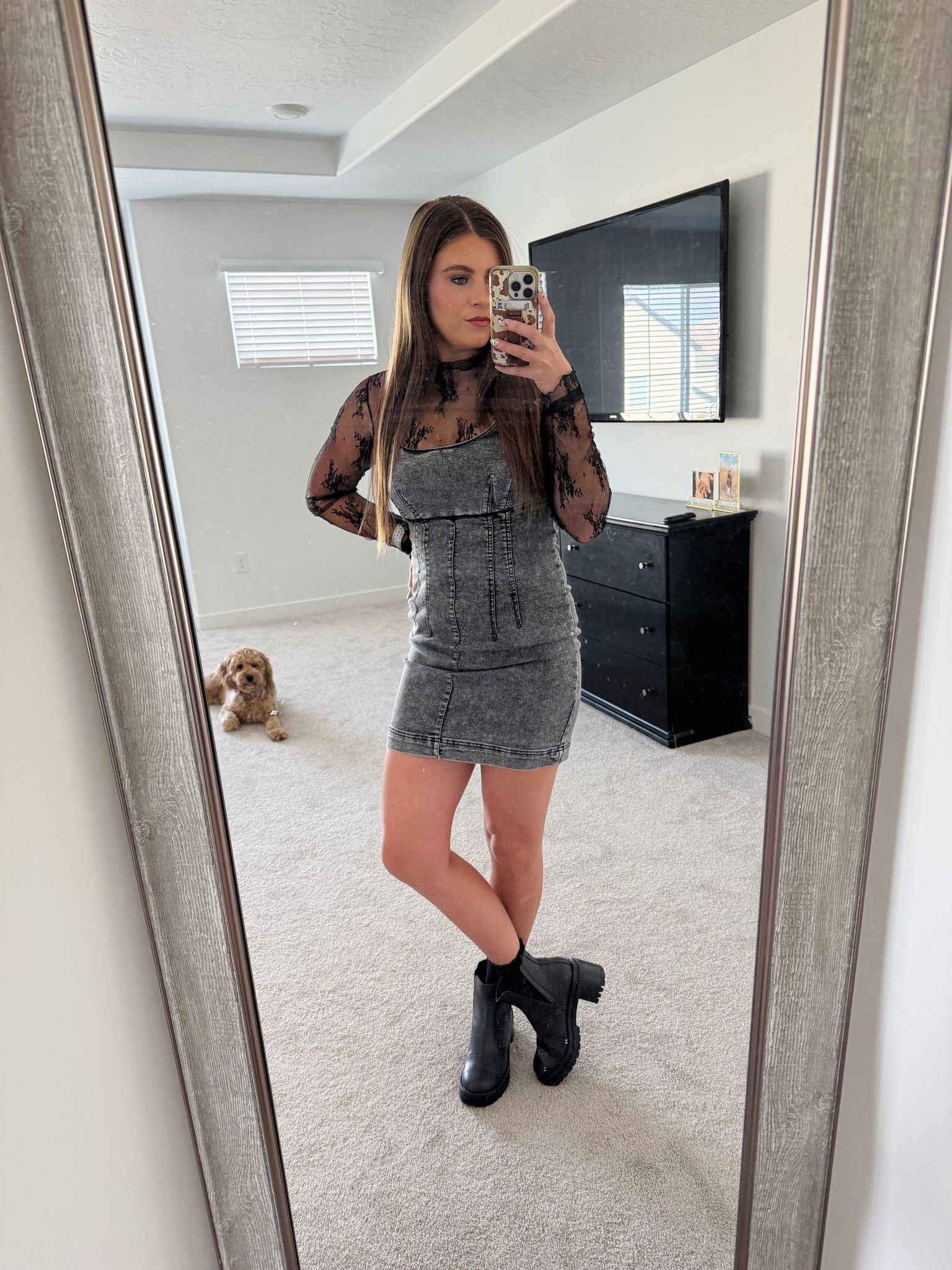 Fall outfit inspo 🖤 
The dress is more than 50% off right now making it under $10! 
I’m in a small in the top and dress and a 7 in the boots. 
I don’t have a link for the cute pup in the back 🤷🏻‍♀️🤣

#LTKFindsUnder50 #LTKSeasonal