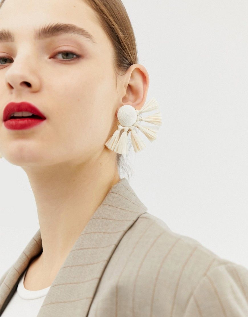 ASOS DESIGN statement earrings in natural color with raffia tassel - Cream | ASOS US
