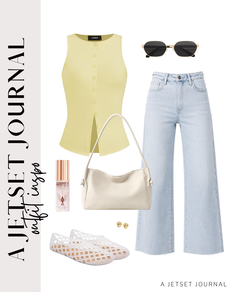 This combination of the light yellow ribbed top and Allimy wide-leg jeans is perfect for your morning errands. Walk comfortably in these chic jelly shoes from Project Cloud and carry your daily essentials in this BOSTANTEN shoulder bag. I love how the SOJOS sunnies complement the fit. 

#LTKSeasonal #LTKSaleAlert #LTKTravel
 

 
