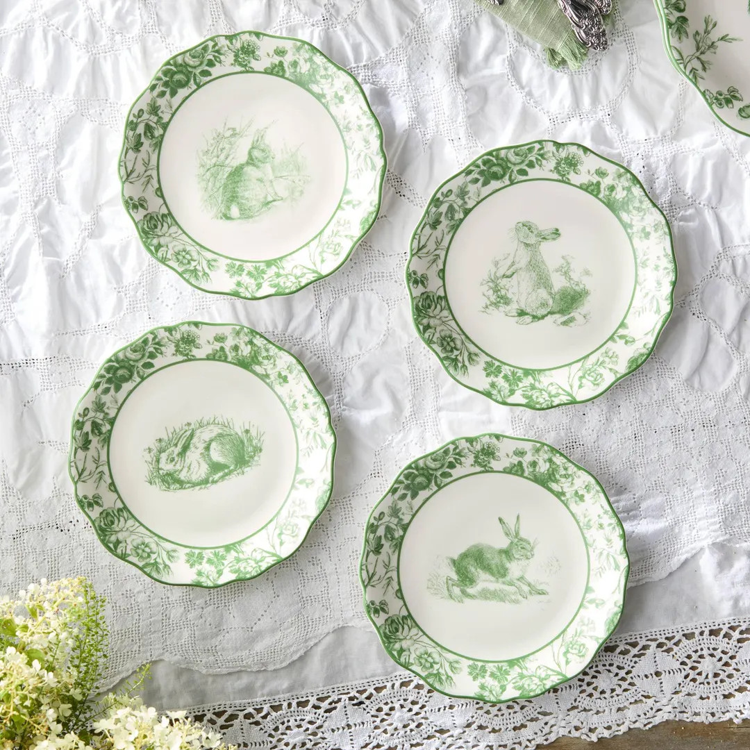 Le Jardin Rabbit Salad Plates - Green Floral Border, Set of 4 - Etsy | Etsy (US)