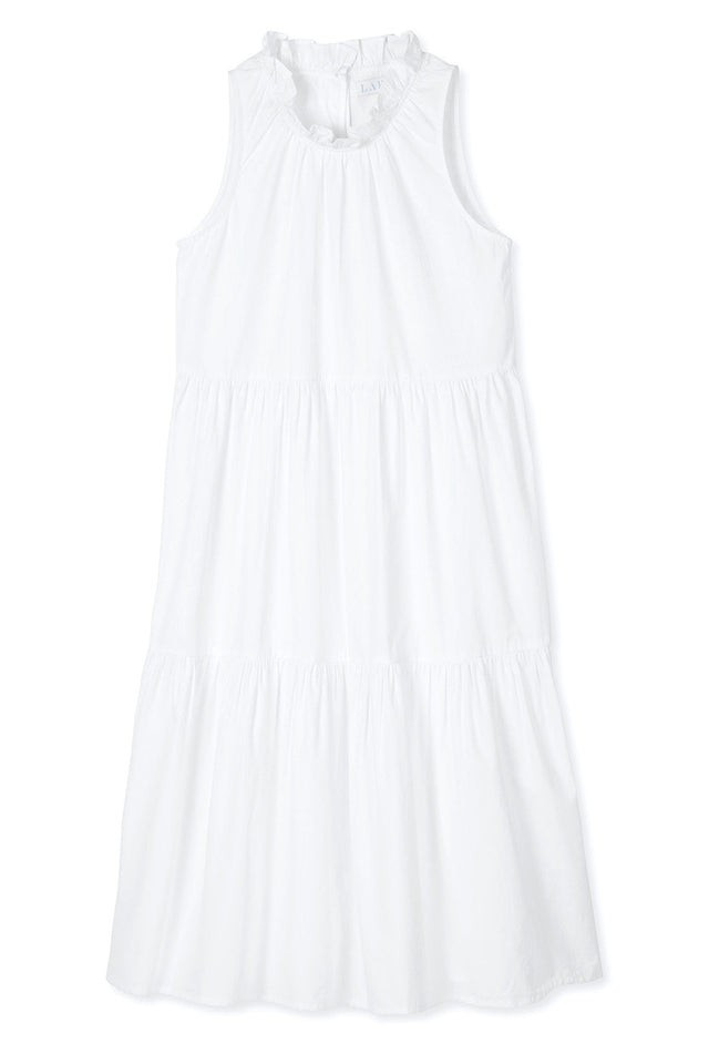 Poplin Ruffle Neck Dress in White | LAKE Pajamas