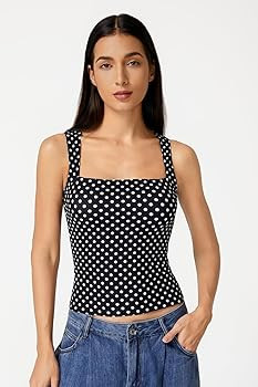 QINSEN Women's Square Neck Sleeveless Double-Layer Tank Tops Basic Tight T Shirts | Amazon (US)