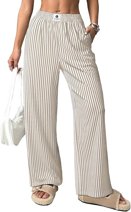 EVALESS Women's Striped Pants Spring Summer 2026 Comfy Pajama Pants High Waist Wide Leg Lounge Pa... | Amazon (US)