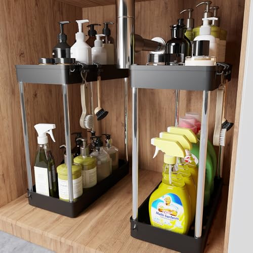 Under Sink Organizer, 2 Pack Under Sink Organizers and Storage, 2-tier Bathroom Cabinet Organizer with Hooks, Kitchen Organizers and Storage for Bathroom, Laundry, Pantry | Amazon (US)