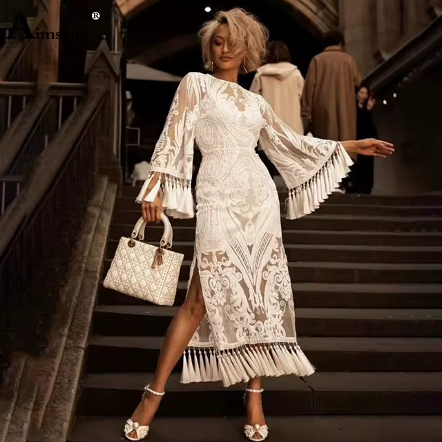 Aimsnug Boho Lace Solid White Perspective Thin Female The Dress Round Neck Embroidery Tassel Bila... | AliExpress (US)