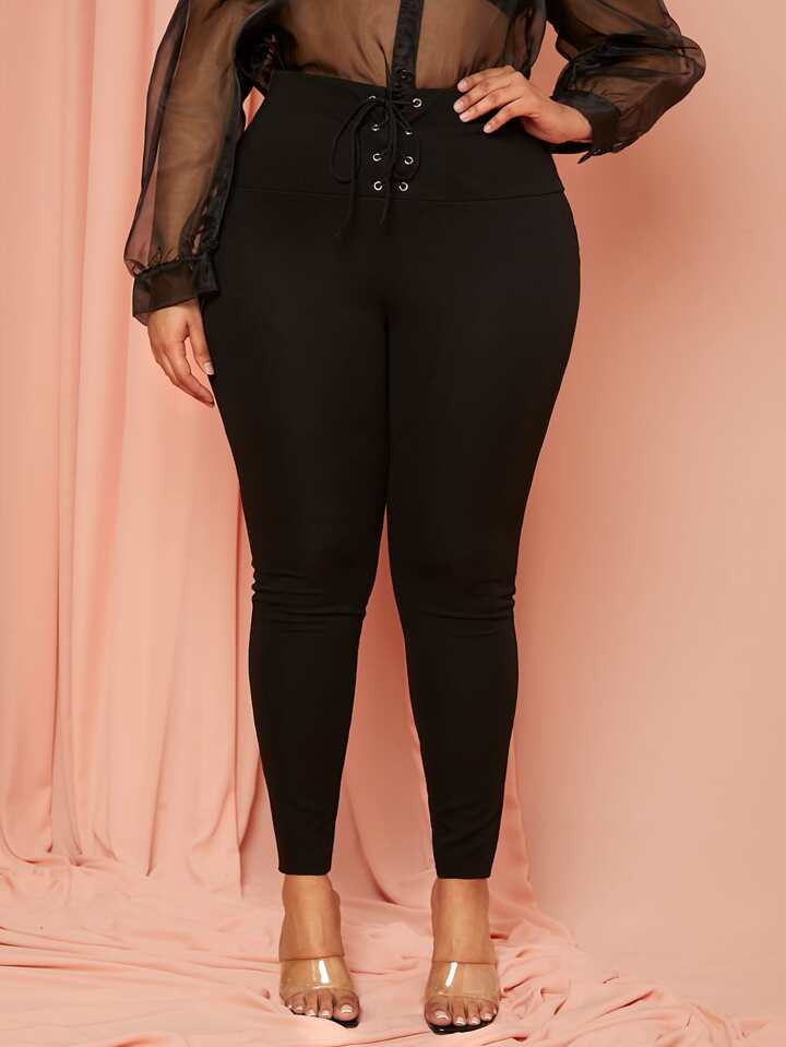 SHEIN Essnce Plus Lace Up Garment Eyelet Skinny Pants | SHEIN