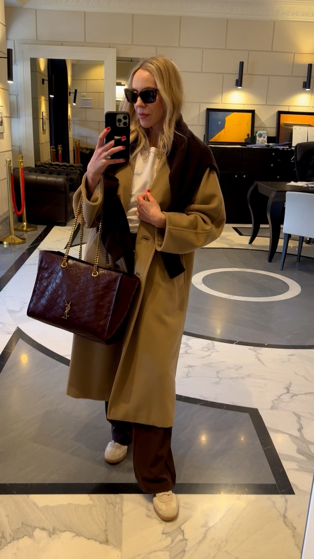 Travel look, airport outfit, camel coat, burgundy YSL tote bag, travel bag, Amazon chocolate brown jogger pants, comfy chic style 

#LTKSeasonal #LTKTravel #LTKSaleAlert