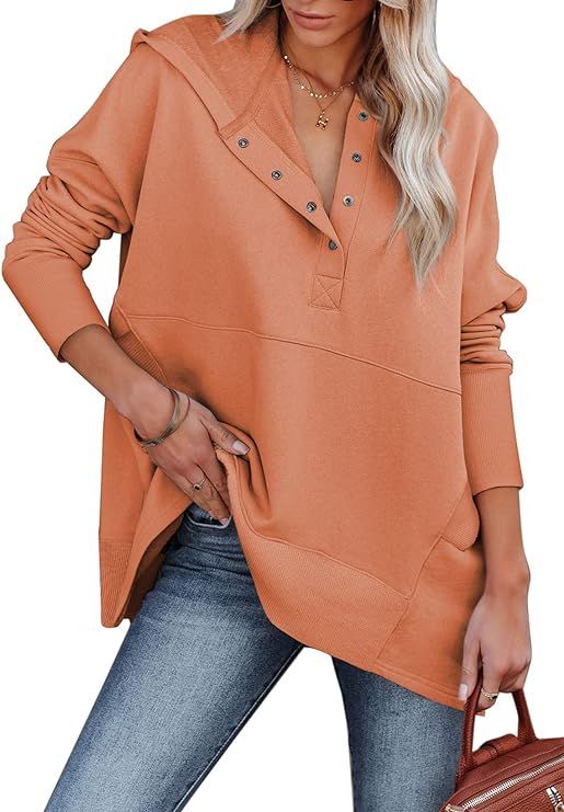 AlvaQ Womens Long Sleeve Casual Sweatshirts Women Hoodies Solid Color Button Collar Fall Pullover... | Amazon (US)