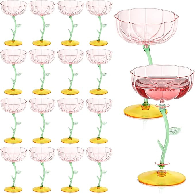 24 Pcs Pink Plastic Ribbed Coupe Glasses Detachable 7oz Flower Cocktail Glasses Modern Wavy Plast... | Amazon (US)