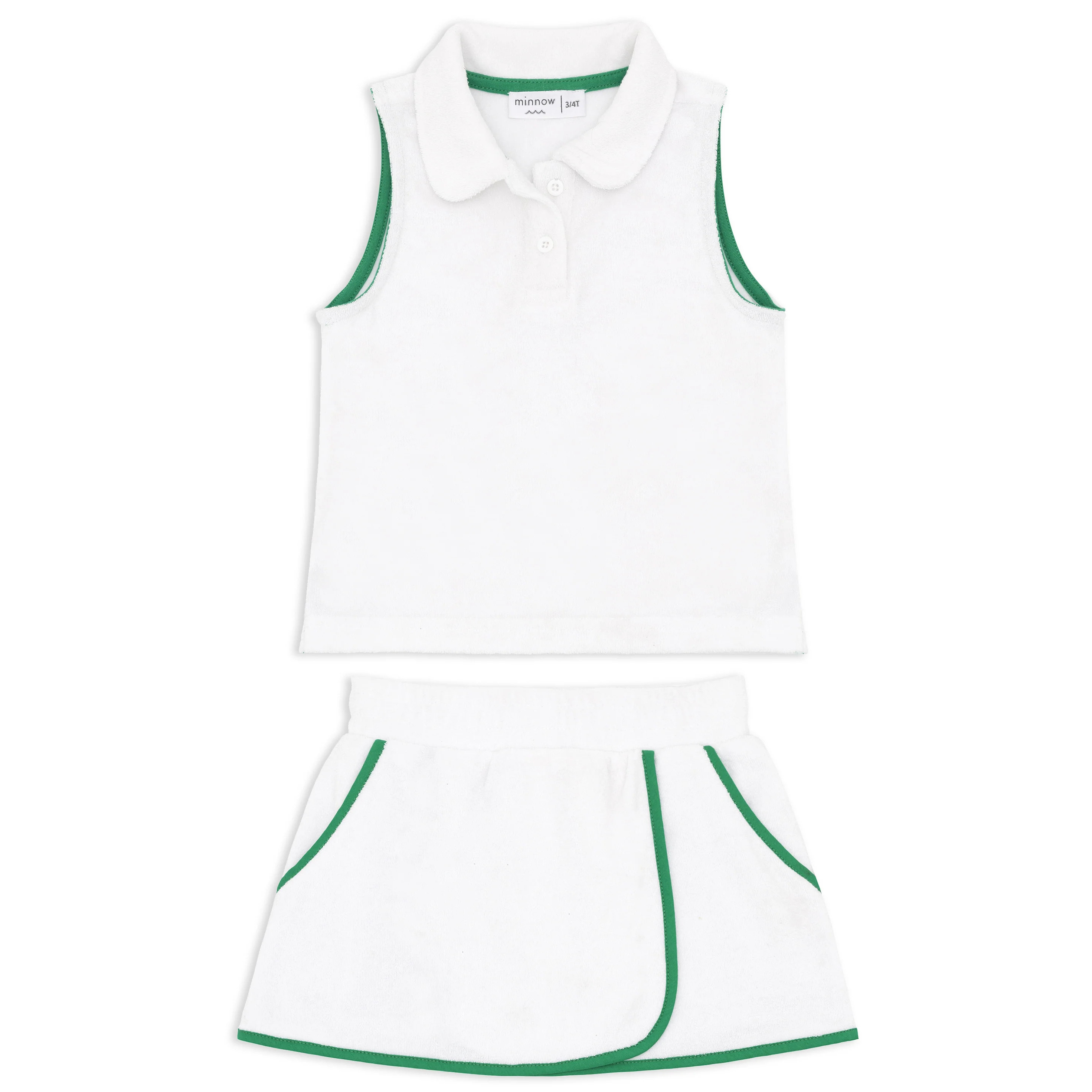 Minnow White French Terry Tennis Tank Top and Skort Set with Bermuda Green Trim | JoJo Mommy