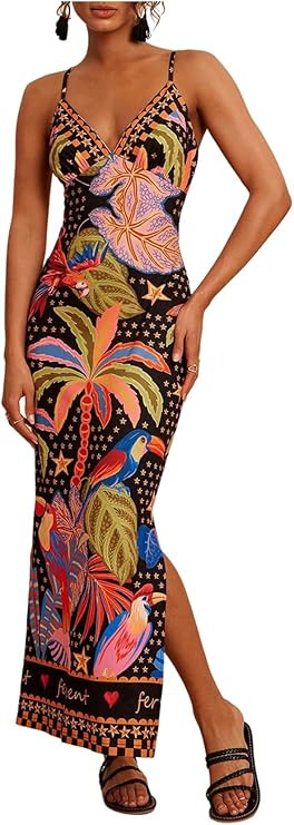 RoseSeek Women's Tropical Graphic V Neck Midi Dresses Sleeveless Split Beach Vacation Cami Dress | Amazon (US)