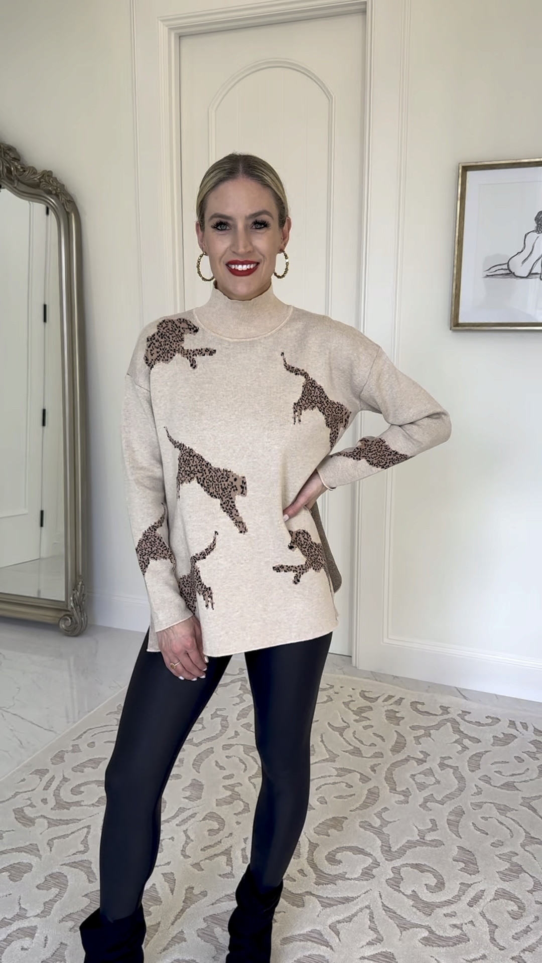 🐆 Winter Outfit 🐆

This sassy and cute sweater is soft, thick but not overheating, and just long enough to wear leggings. It has a split hem and looks cute with leggings, jeans, and skirts. 

The bright pink version is perfect for Valentine’s Day! 🩷 (see previous post)

The low heel booties are extremely comfortable, true to size, and can be worn with pants or skirts or dresses. They’re in my top faves!

#everypiecefits

Winter style
Winter outfit
Sweater
Cute sweater
Leopard print 
Valentine’s Day style
Valentine’s Day outfit 

#LTKSeasonal #LTKVideo #LTKstyletip