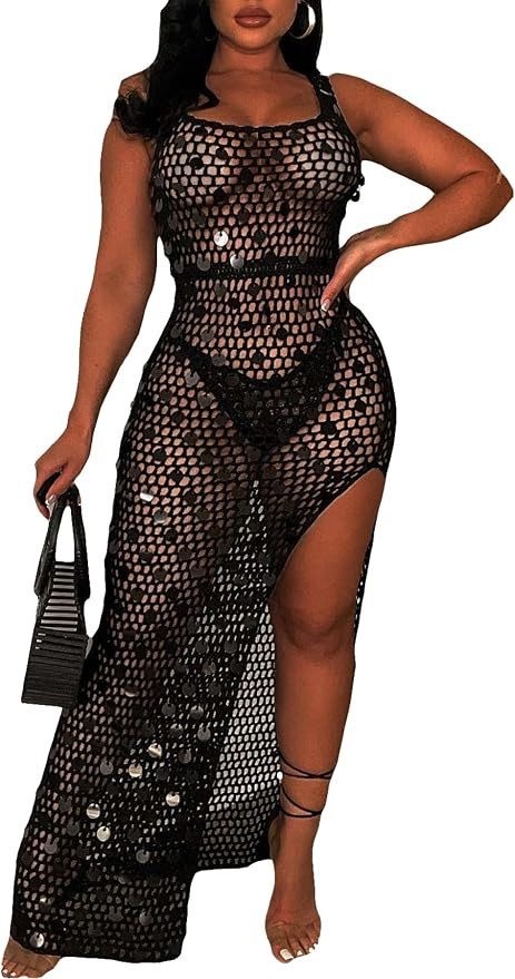 Ecirod Womens Sequin Crochet Maxi Tank Dress Summer Beach Cover Ups Sexy Cut Out Slit Sleeveless ... | Amazon (US)