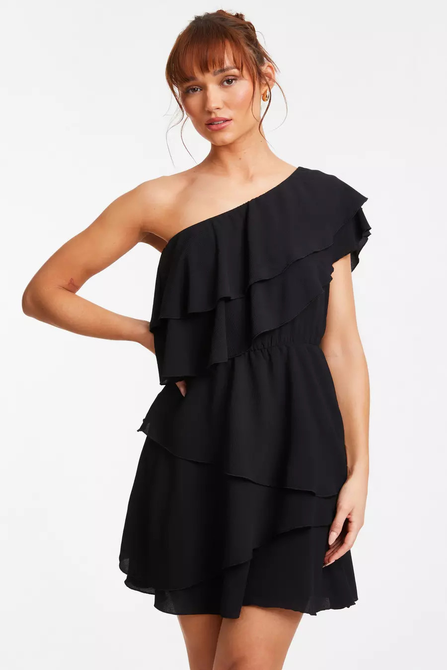 Black One Shoulder Tiered Mini Dress | Quiz Clothing