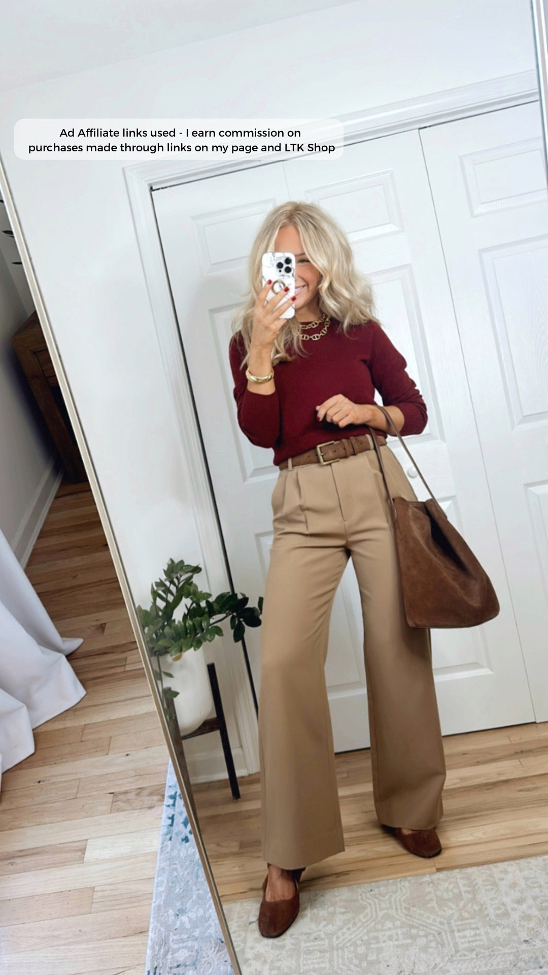 Wearing a size small in the burgundy sweater and size 4 (regular length) in the camel pants (the pants are starting to sell out so linked exact pants and an alternate pair💗💗)