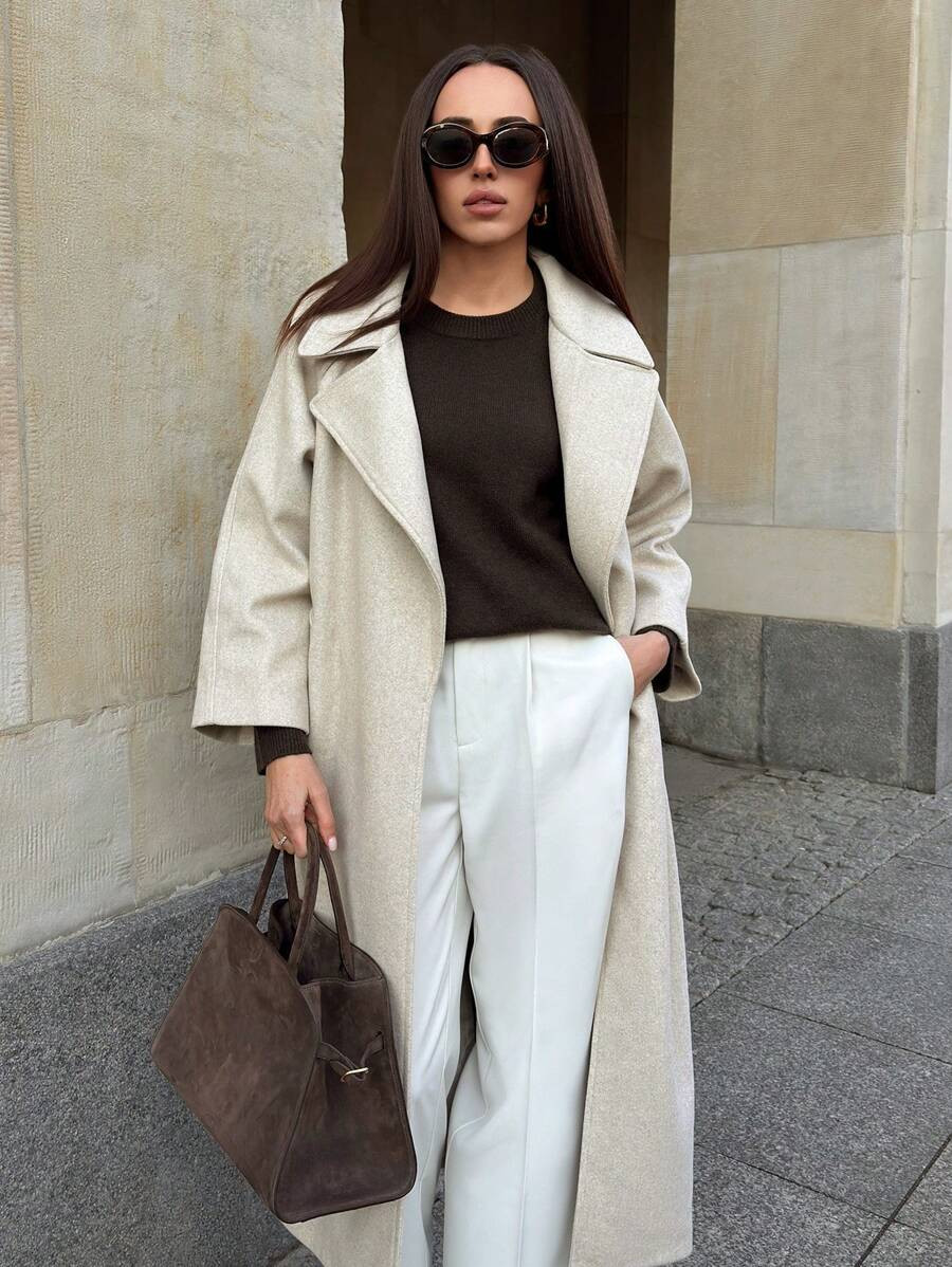 Anewsta Women's Solid Color Long Coat With Turndown Collar, Minimalist Design, High-End, Autumn/W... | SHEIN