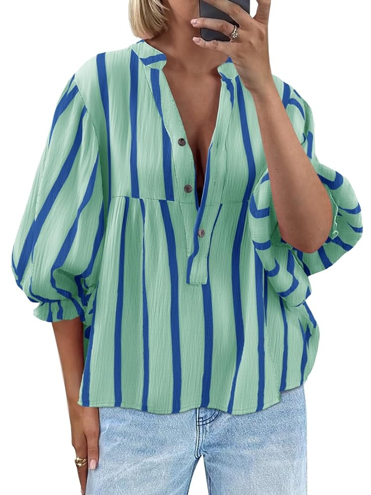 Tankaneo Womens Puff Sleeve Babydoll Tops Summer V Neck Striped Blouse Cute Casual Loose Fit Flow... | Amazon (US)