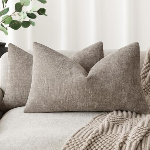 Foindtower Set of 2 Textured Chenille Throw Decorative Pillow Covers Square Accent Solid Cushion Cover Neutral Farmhouse Lumbar Pillow Case for Couch Sofa Bedroom Living Room 12x20 Inch,Light Taupe | Amazon (US)