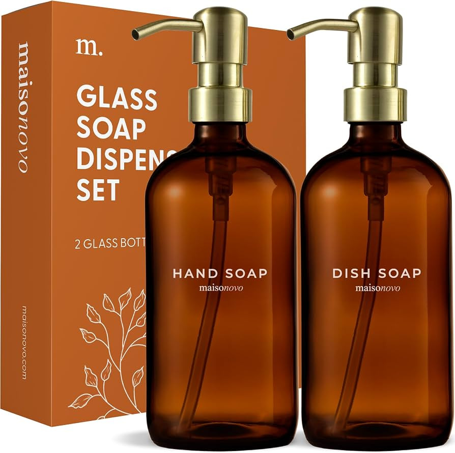MAISONOVO Hand and Dish Soap Dispenser Set | 16.9 fl oz Amber Glass Gold Pump x 2 | Amazon (US)