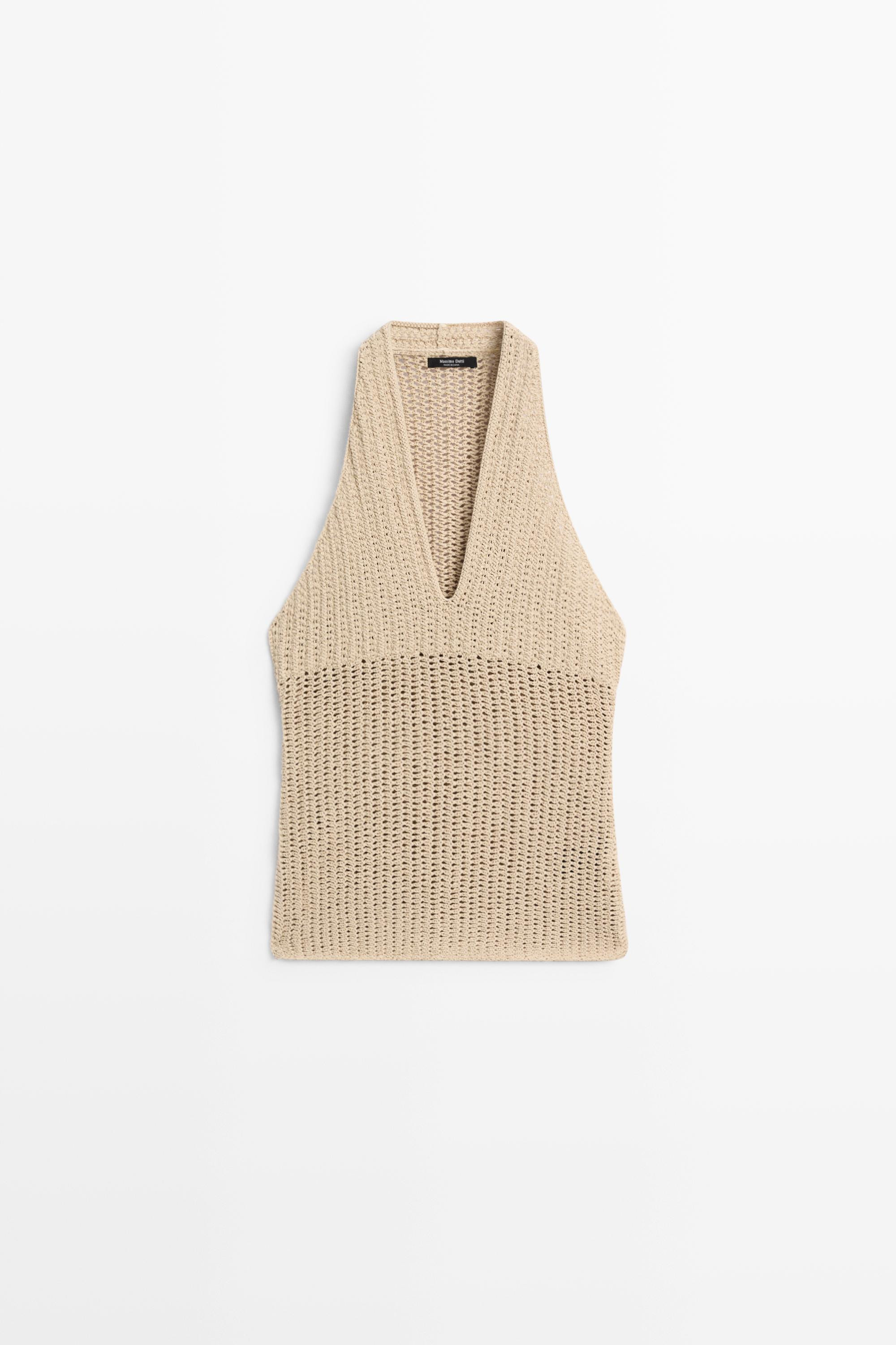 Cotton-blend crochet knit top - BEIGE | Massimo Dutti UK
