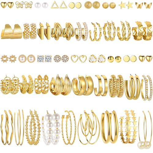 FAXHION 45 Pairs Gold Earrings Set for Women, Fashion Pearl Chain Link Stud Drop Dangle Earrings Multipack Hoop Earring Packs, Hypoallergenic Earrings for Birthday Party Jewelry | Amazon (US)