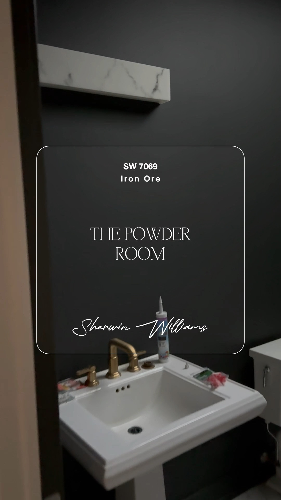 Dark powder room paint
Gold / antique brass kohler bathroom accessories 
Alabaster light fixture 

I highly recommend getting peel and stick samples 🥰
#ltkhome #ltkvideo #ltkover40


#LTKfindsunder50 #LTKfindsunder100 #LTKstyletip