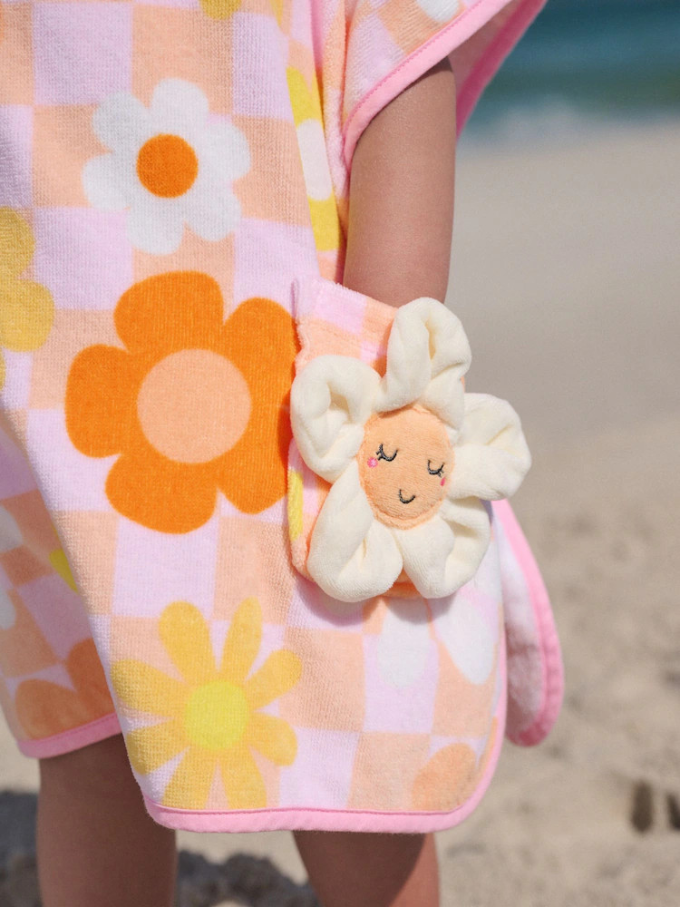Buy Pink/Orange Checkerboard Floral Towelling Poncho (9mths-10yrs) from Next USA | Next US