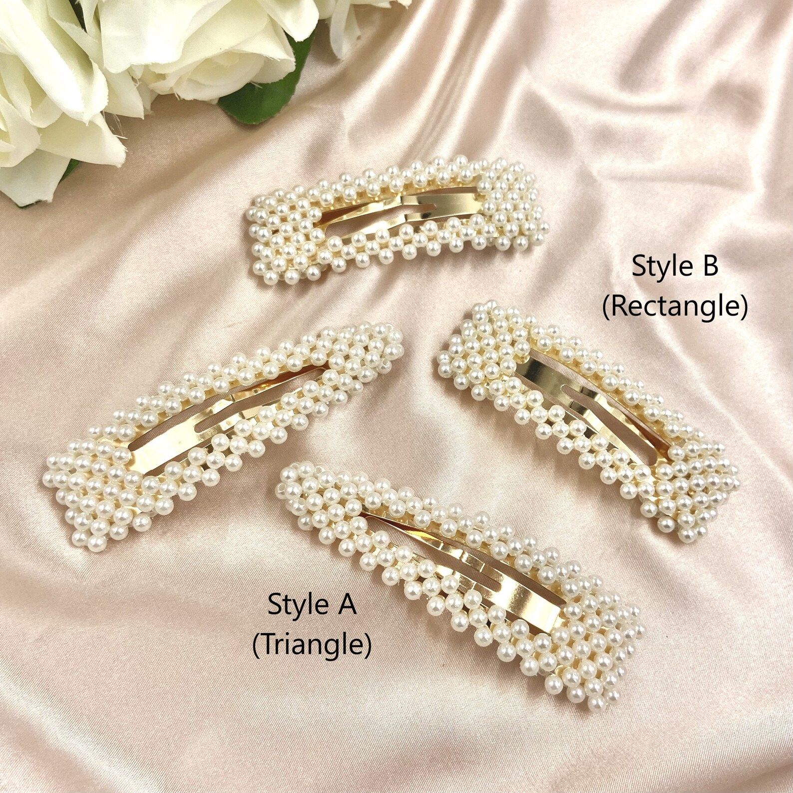 Set of Four Pearl Hair Clips | Silver Pearl Snap Clips | Gold Hair Accessory | Faux Pearl Barrett... | Etsy (US)