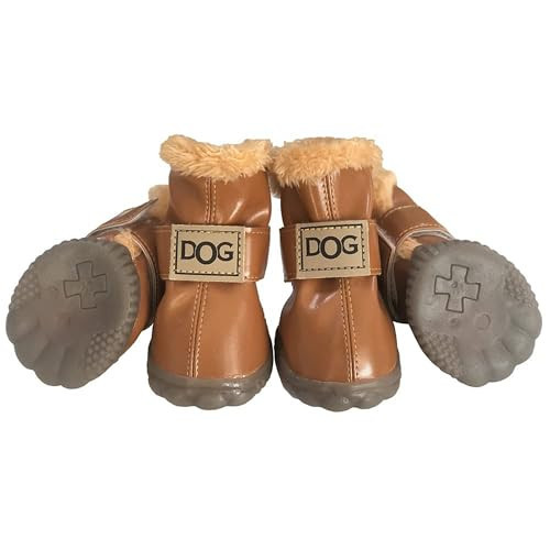 Winter Dog Boots & Paw Protectors: Outdoor Anti-Slip Dog Snow Shoes, Dog Booties Provide Warmth to Dogs Paws from Ice and Snow, Rubber Sole PU Leather Faux Fleece-Lined, Light Brown Dog Shoes Size 4 | Amazon (US)