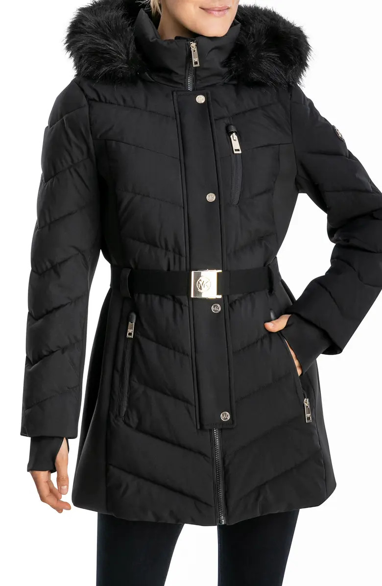 Faux Fur Hooded Belted Puffer Jacket | Nordstrom Rack
