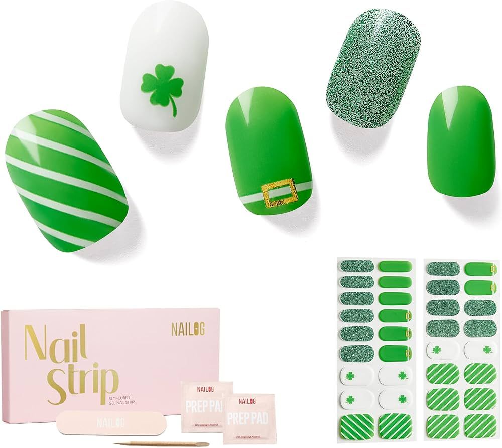 NAILOG Semi Cured Gel Nail Strips for St. Patrick's Day, 34 pcs Salon-Quality Gel Nail Stickers, ... | Amazon (US)