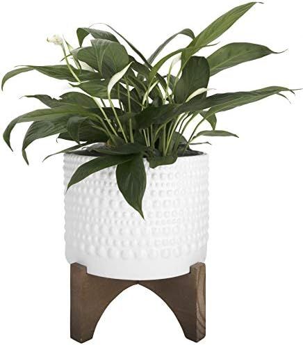 Ceramic Planter with Wood Stand - 8 Inch White Cylinder Embossed Hobnail Patterned Flower Plant P... | Amazon (US)