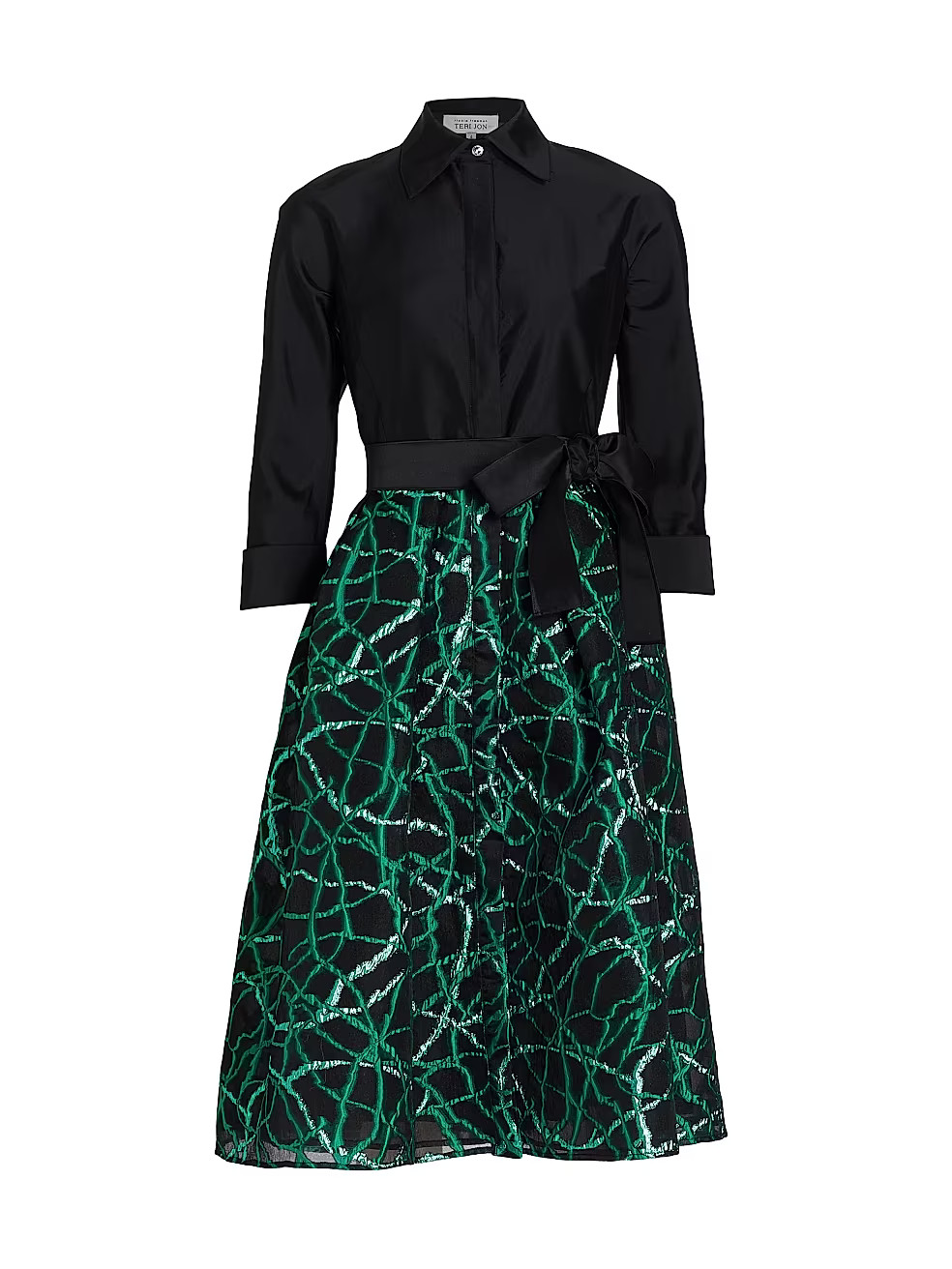 Teri Jon by Rickie Freeman Belted Taffeta &amp; Jacquard Shirtdress | Saks Fifth Avenue