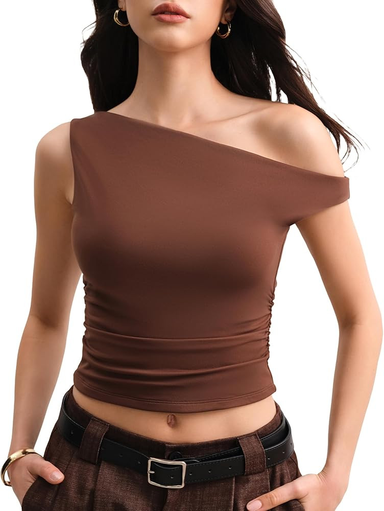 Camisetas sin mangas con hombros descubiertos para mujer, sin mangas, asim\u00e9tricas, fruncidas... | Amazon (US)