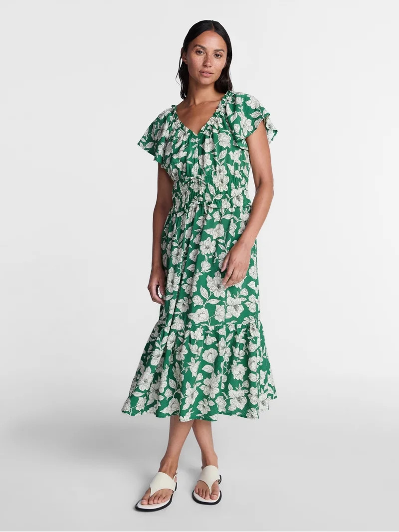 Time and Tru Women's Tiered Midi Dress with Flutter Sleeves, Sizes XS-XXXL | Walmart (US)