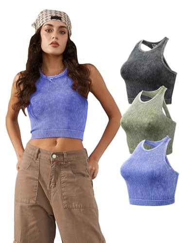 Women's Seamless Ribbed Workout Crop Tank Top,Slim Fit Short Scoop Neck Racerback Tank Tops,Sports Yoga Tops | Amazon (US)