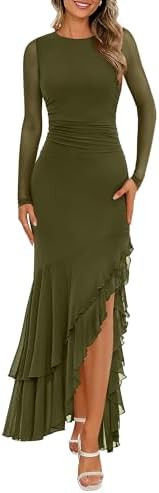 BTFBM Women's Maxi Dresses Fall 2025 Long Sleeve Ruched Bodycon Solid Ruffle Mermaid Cocktail Wed... | Amazon (US)