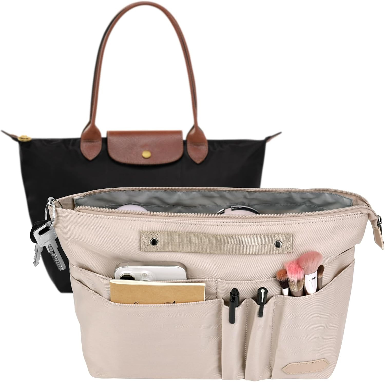 Purse Organizer Insert for Longchamp Le Pliage Large, Tote Bag Dividers for Inside Purse with Zipper and 15 Pockets, Purse Liners for Women Handbag, and More (Beige, L) | Amazon (US)