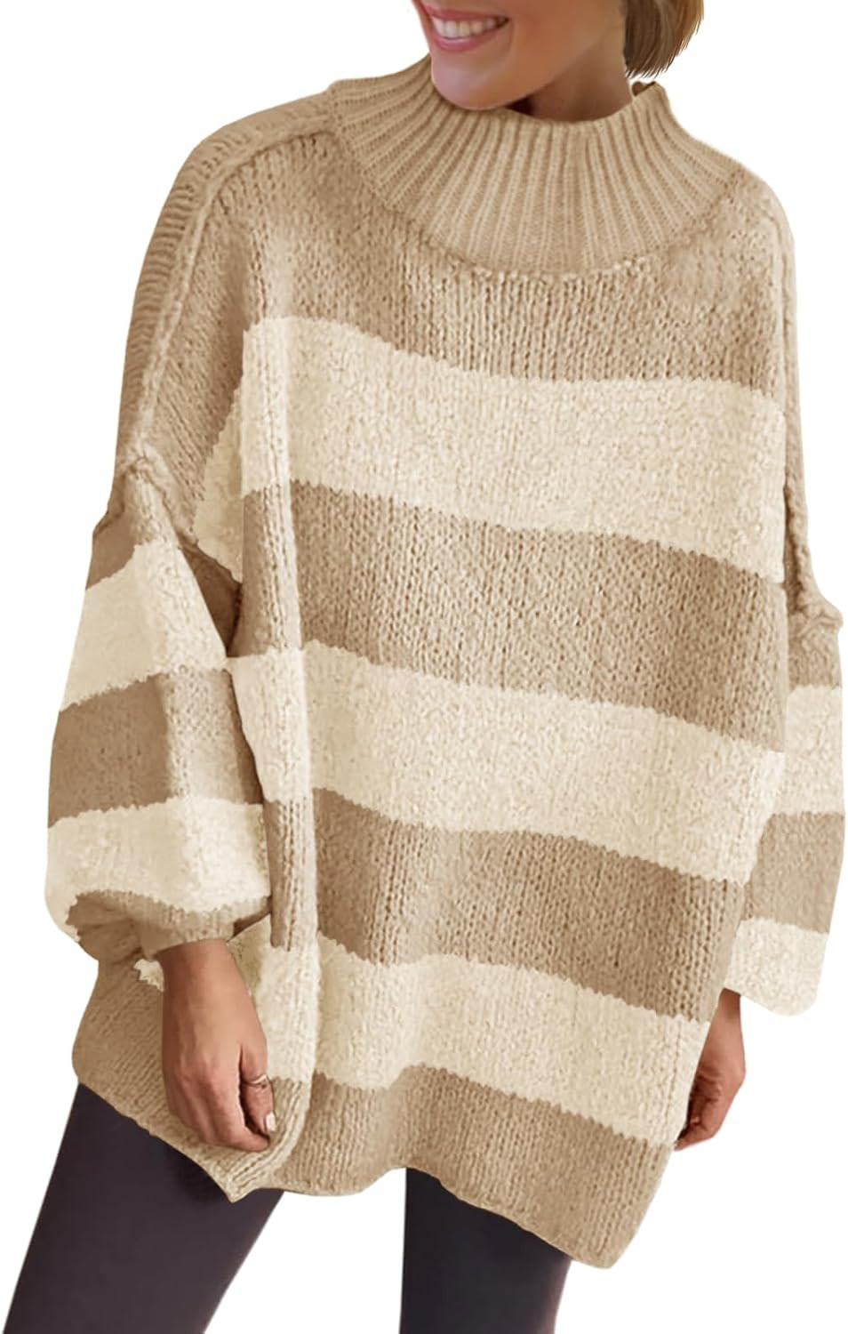 Saodimallsu Womens Oversized Striped Chunky Sweater Mock Neck Knit Tops | Amazon (US)