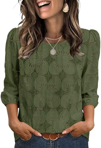 Sampeel Women Blouses Dressy Casual 3/4 Length Sleeve Tops Eyelet Lace Spring Summer Shirts Beach... | Amazon (US)